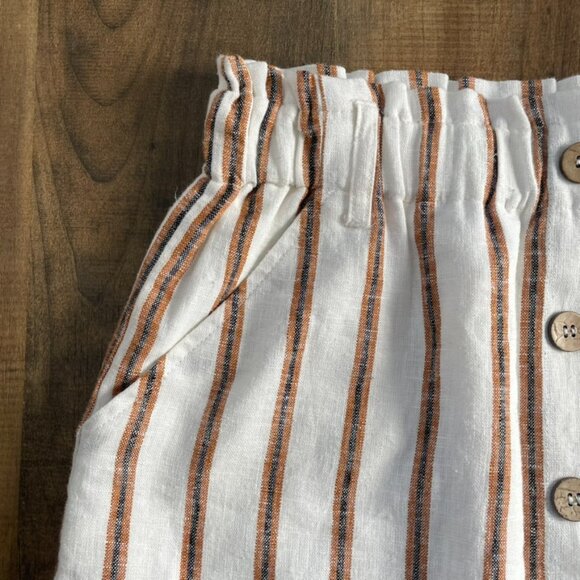 Love Tree Striped Button Front Mini Skirt White Tan Linen Blend Paperbag Waist S - Picture 4 of 5